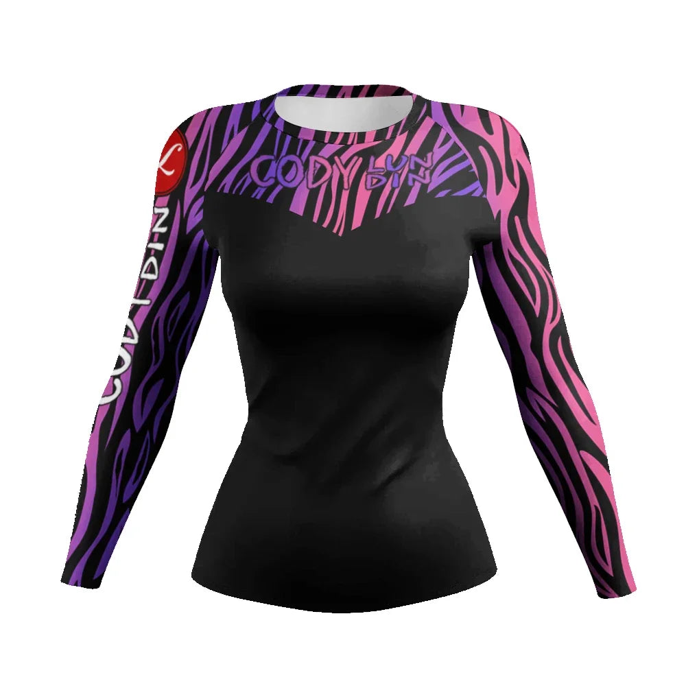 Pink Stripes women's BJJ rash guard | Long sleeve compression top for grappling