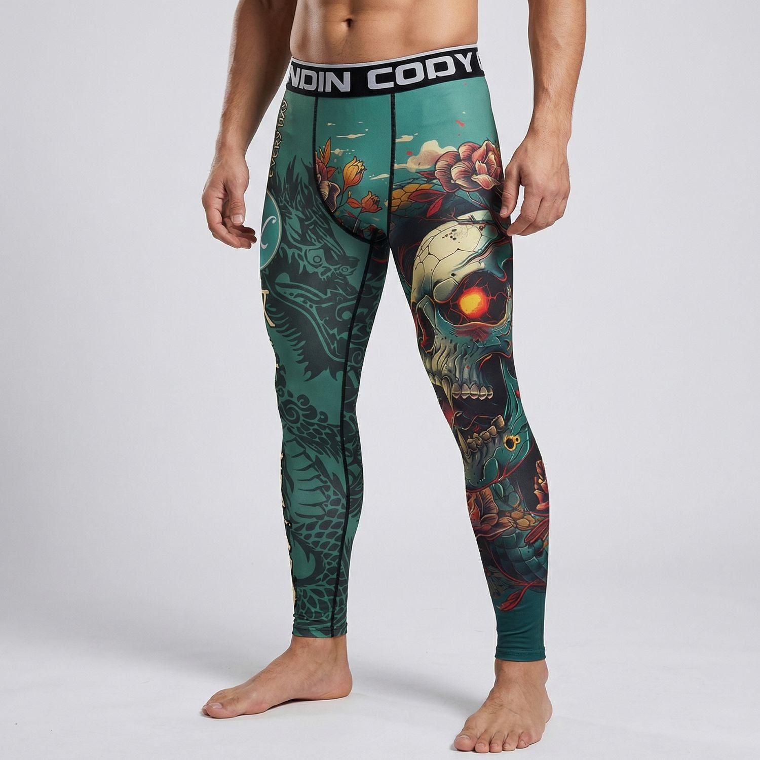 Teal Skull BJJ Spats | Compression Tights For No - Gi Grappling - BJJ OUTLET