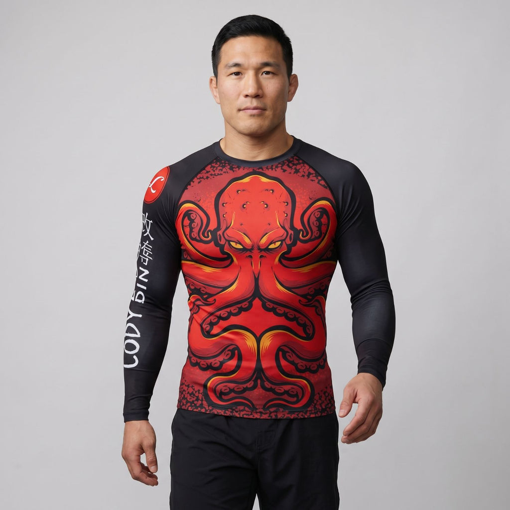 BJJ Rash Guard Long Sleeve - Red Kraken - No - Gi Jiu Jitsu & MMA Compression Top - BJJ OUTLET