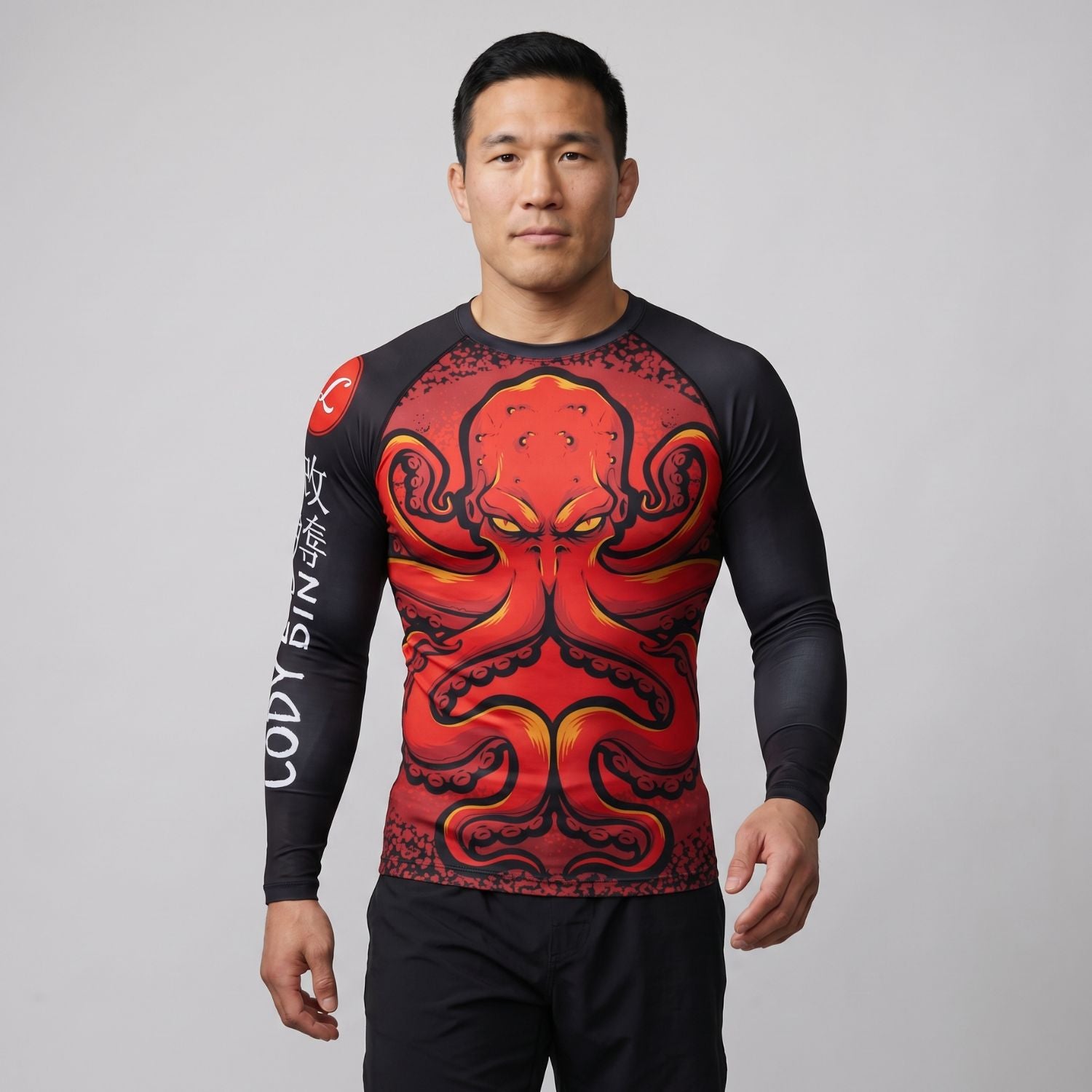 BJJ Rash Guard Long Sleeve - Red Kraken - No - Gi Jiu Jitsu & MMA Compression Top - BJJ OUTLET