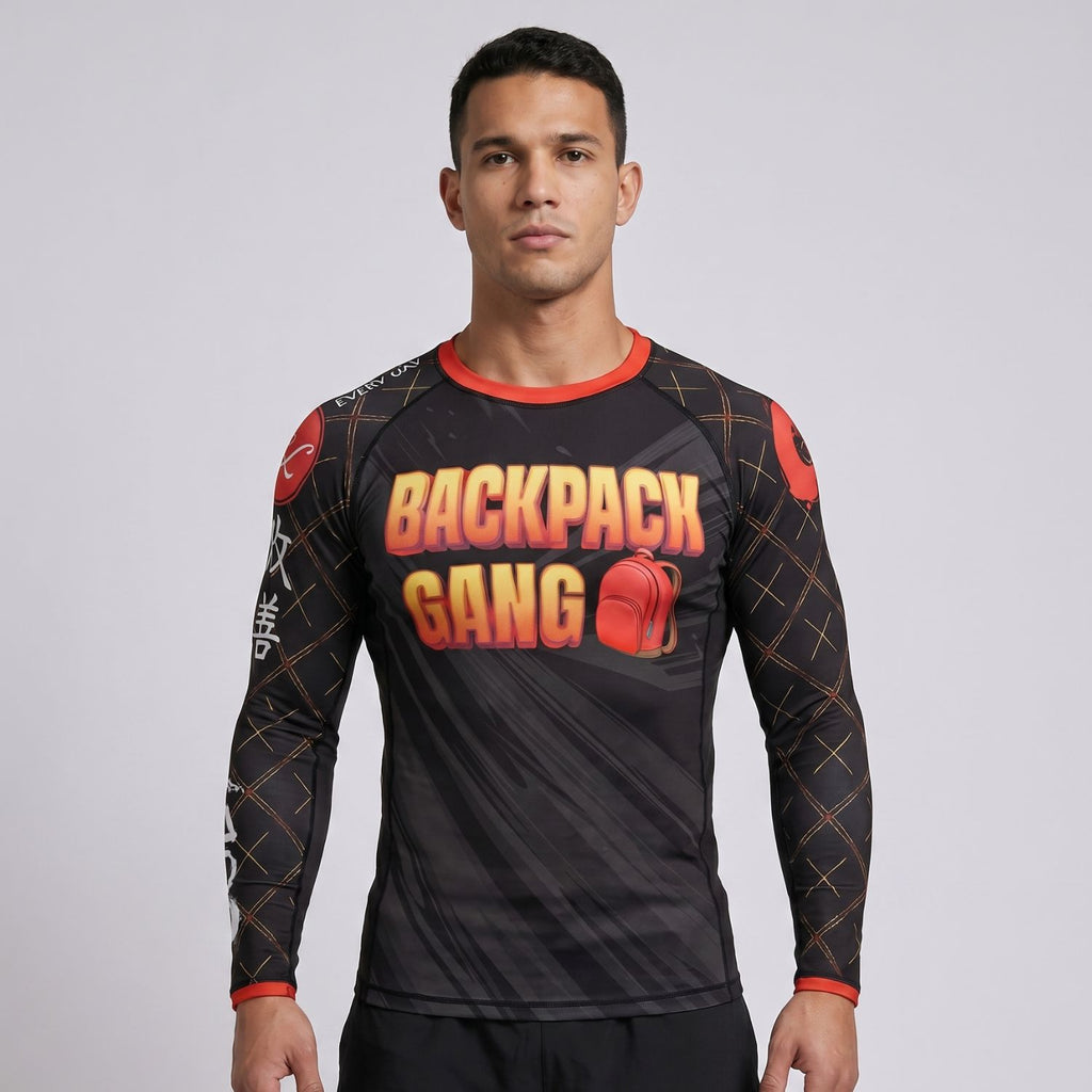 BJJ Rash Guard Long Sleeve - Backpack Gang - No - Gi Jiu Jitsu & MMA Compression Top - BJJ OUTLET
