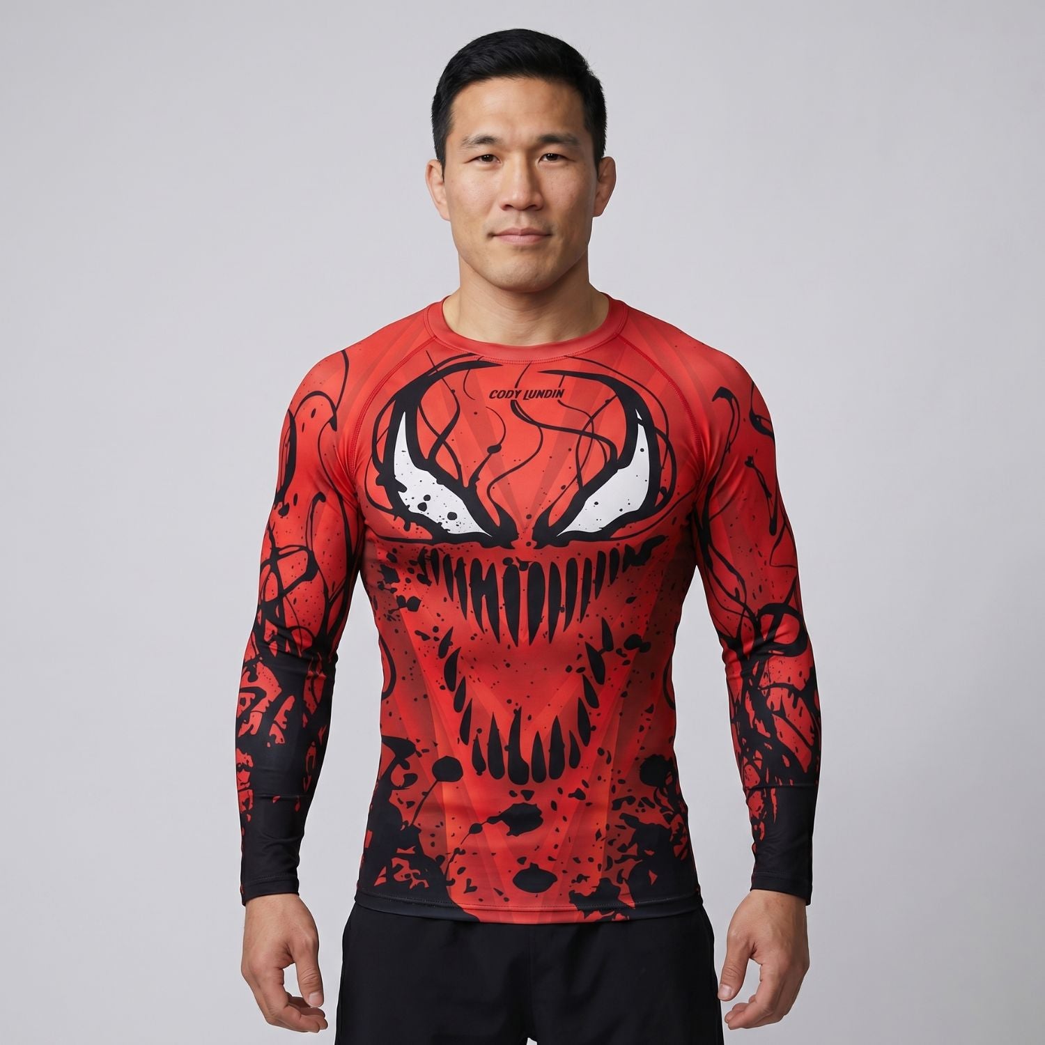 BJJ Rash Guard Long Sleeve - Red Symbiote - No - Gi Jiu Jitsu & MMA Compression Top - BJJ OUTLET