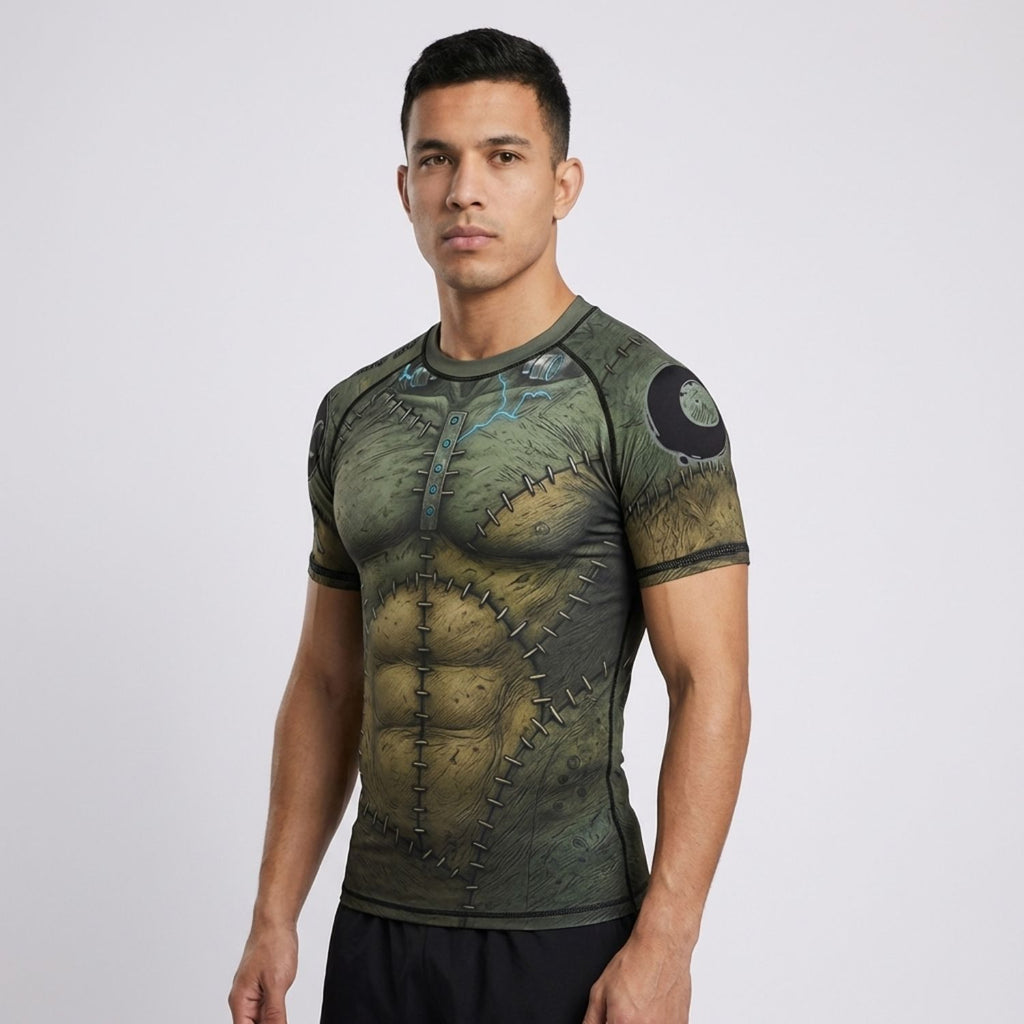Green Stitch BJJ Rash Guard | Short Sleeve Compression Top For No - Gi Grappling - BJJ OUTLET