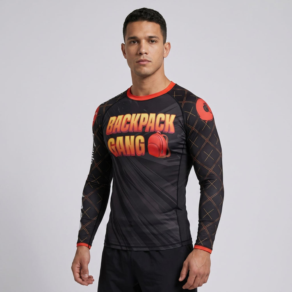 BJJ Rash Guard Long Sleeve - Backpack Gang - No - Gi Jiu Jitsu & MMA Compression Top - BJJ OUTLET