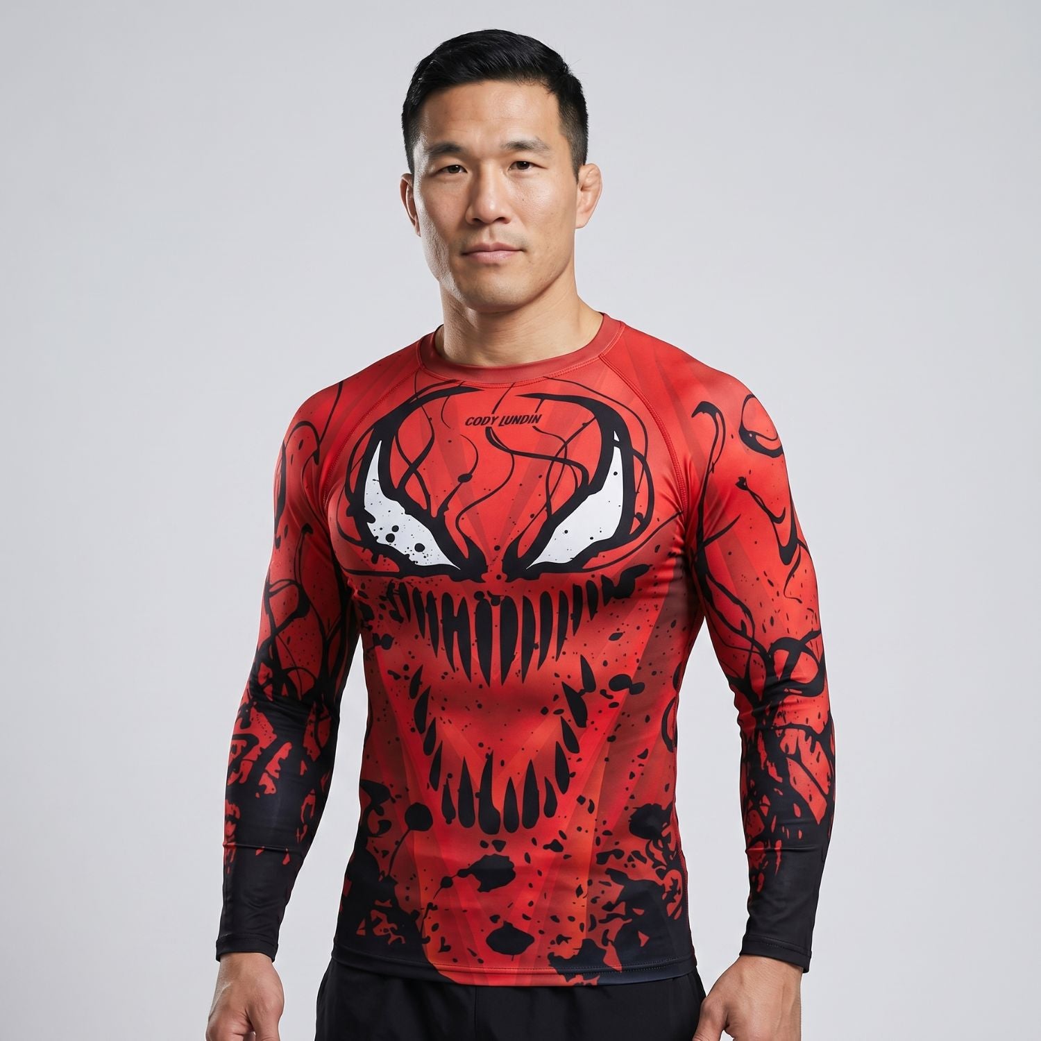BJJ Rash Guard Long Sleeve - Red Symbiote - No - Gi Jiu Jitsu & MMA Compression Top - BJJ OUTLET