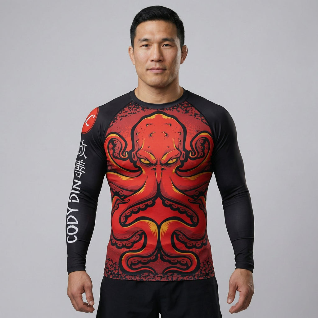 BJJ Rash Guard Long Sleeve - Red Kraken - No - Gi Jiu Jitsu & MMA Compression Top - BJJ OUTLET