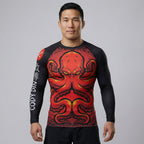 BJJ Rash Guard Long Sleeve - Red Kraken - No - Gi Jiu Jitsu & MMA Compression Top - BJJ OUTLET