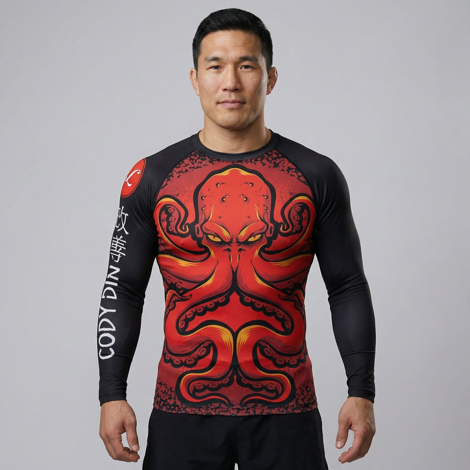 BJJ Rash Guard Long Sleeve - Red Kraken - No - Gi Jiu Jitsu & MMA Compression Top - BJJ OUTLET