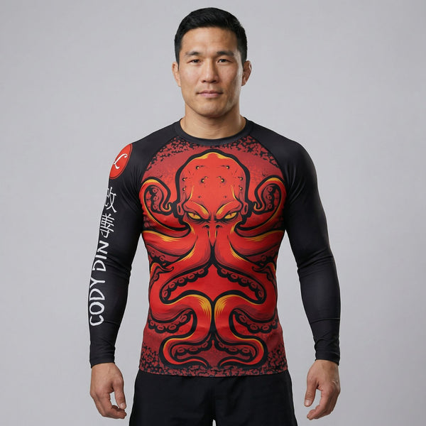 BJJ Rash Guard Long Sleeve - Red Kraken - No - Gi Jiu Jitsu & MMA Compression Top - BJJ OUTLET