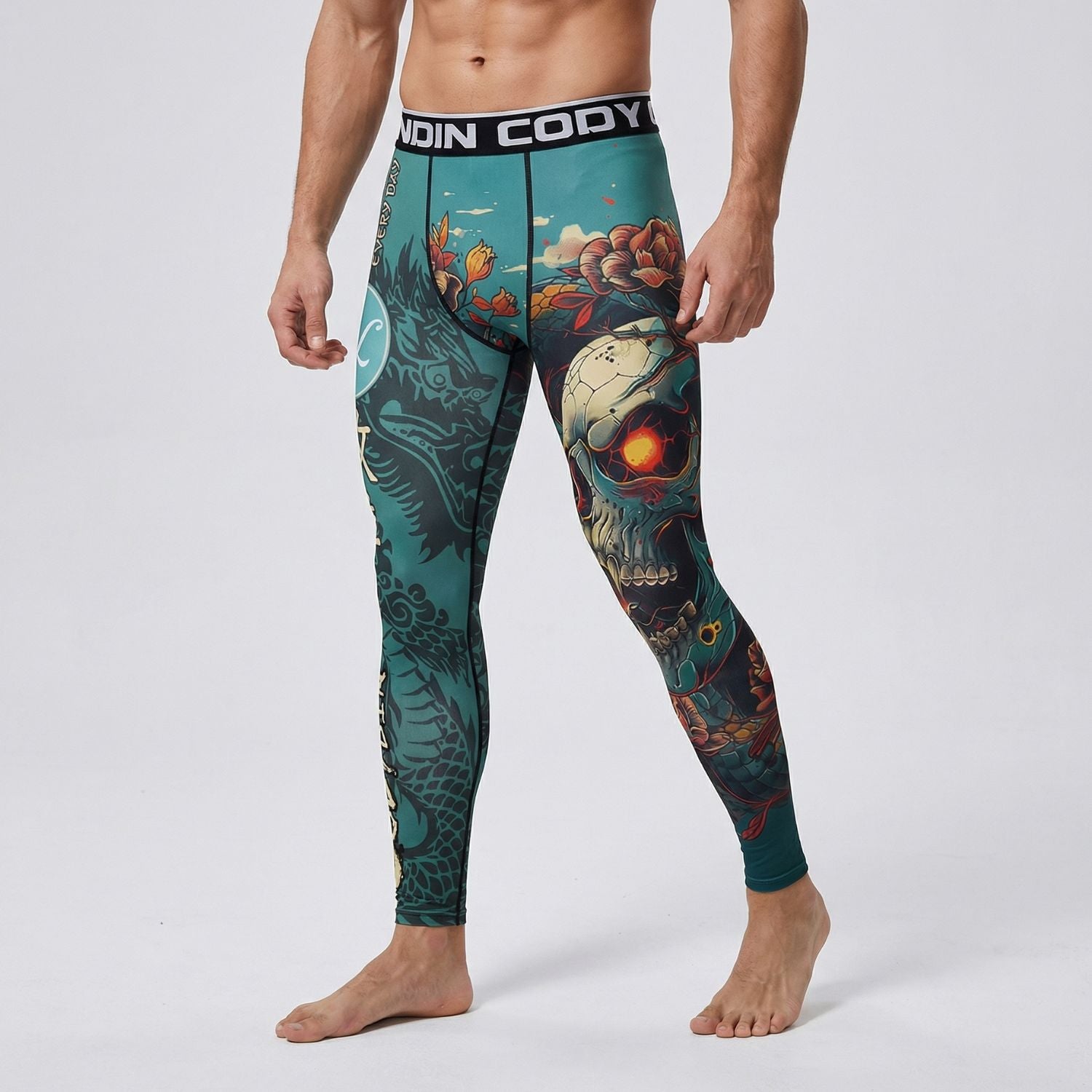 Teal Skull BJJ Spats | Compression Tights For No - Gi Grappling - BJJ OUTLET