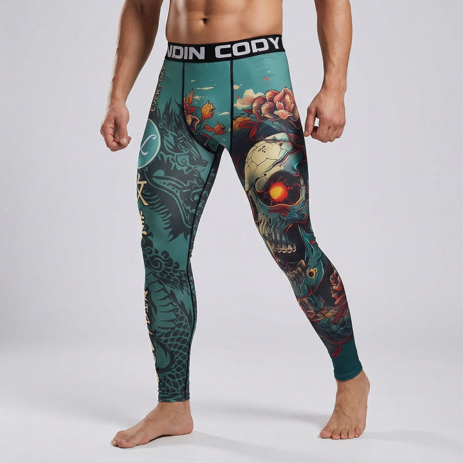 Teal Skull BJJ Spats | Compression Tights For No - Gi Grappling - BJJ OUTLET