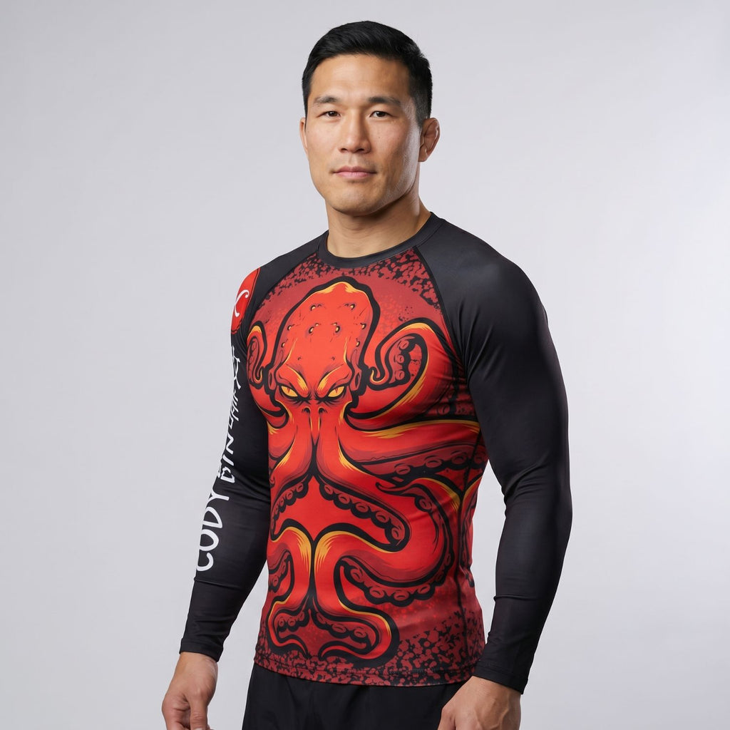 BJJ Rash Guard Long Sleeve - Red Kraken - No - Gi Jiu Jitsu & MMA Compression Top - BJJ OUTLET