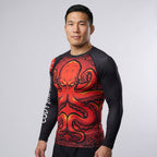 BJJ Rash Guard Long Sleeve - Red Kraken - No - Gi Jiu Jitsu & MMA Compression Top - BJJ OUTLET