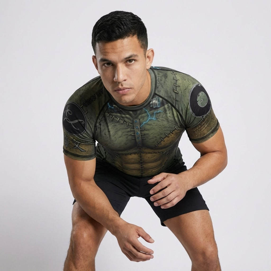 Green Stitch BJJ Rash Guard | Short Sleeve Compression Top For No - Gi Grappling - BJJ OUTLET