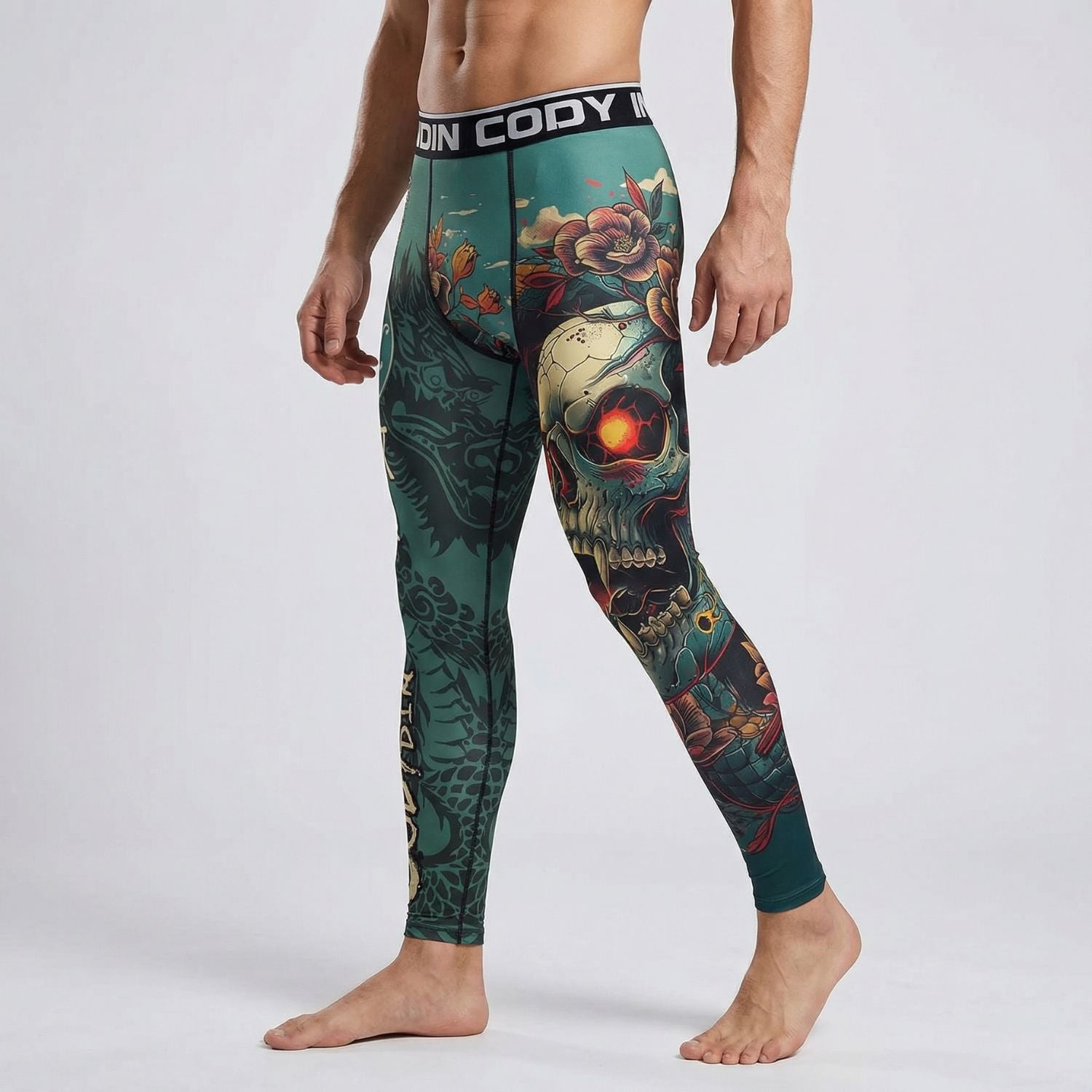 Teal Skull BJJ Spats | Compression Tights For No - Gi Grappling - BJJ OUTLET