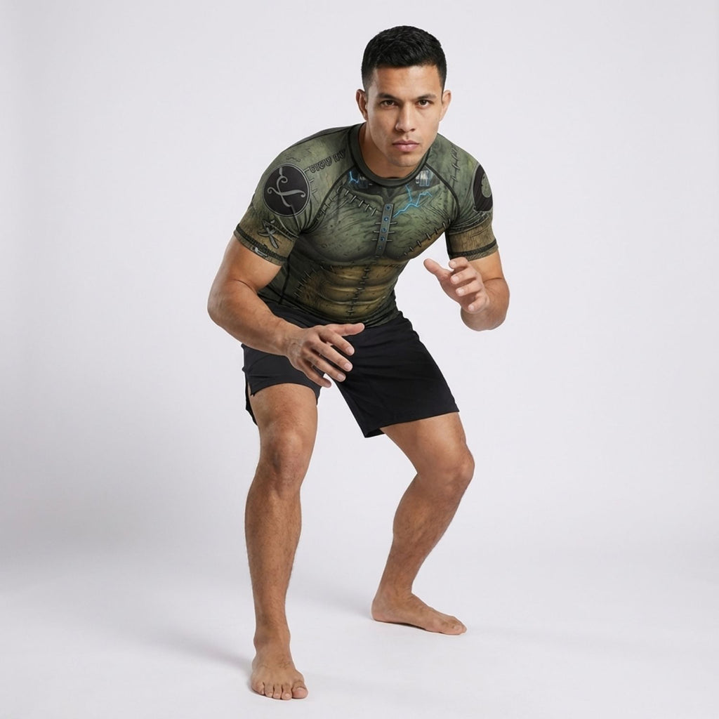 Green Stitch BJJ Rash Guard | Short Sleeve Compression Top For No - Gi Grappling - BJJ OUTLET
