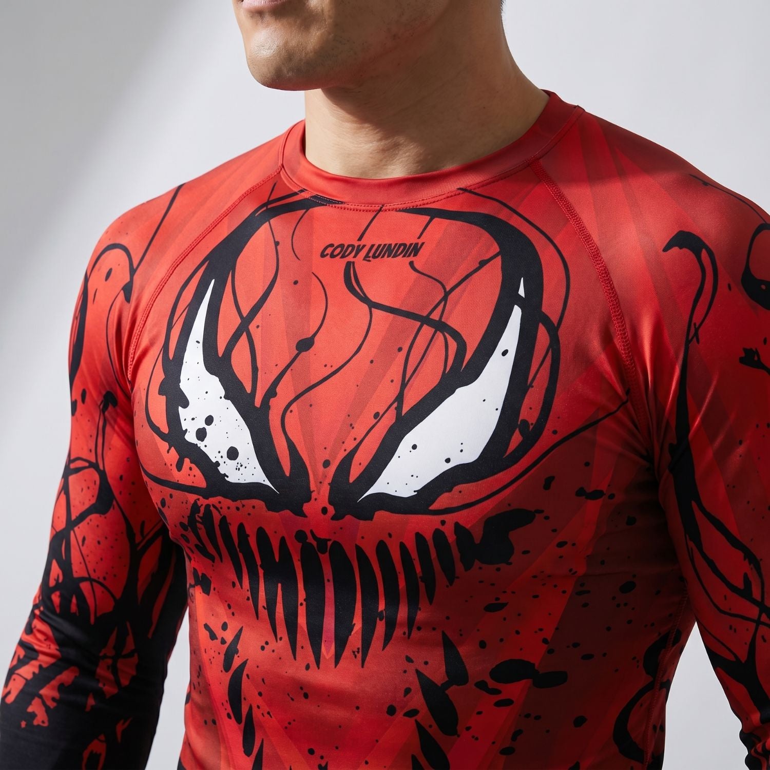 BJJ Rash Guard Long Sleeve - Red Symbiote - No - Gi Jiu Jitsu & MMA Compression Top - BJJ OUTLET