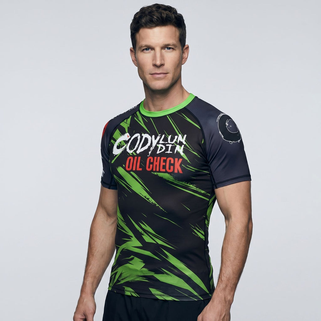 BJJ Rash Guard Short Sleeve - Oil Check - No - Gi Jiu Jitsu & MMA Compression Top - BJJ OUTLET