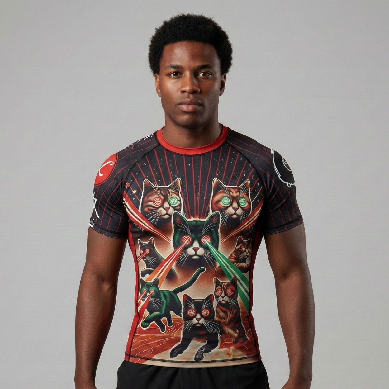 Person wearing a BJJ rash guard with cat designs on a gray background
