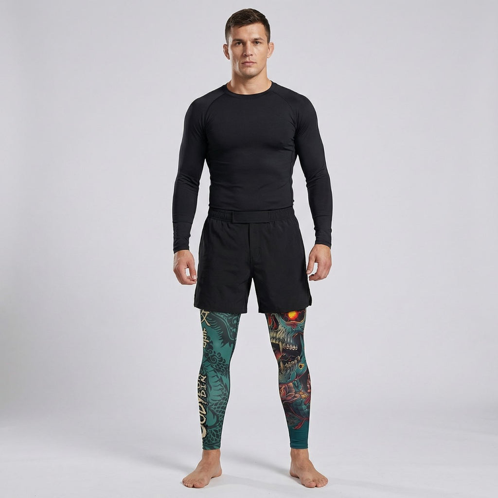 Teal Skull BJJ Spats | Compression Tights For No - Gi Grappling - BJJ OUTLET