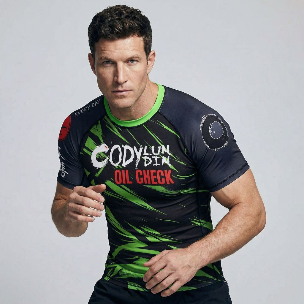 BJJ Rash Guard Short Sleeve - Oil Check - No - Gi Jiu Jitsu & MMA Compression Top - BJJ OUTLET
