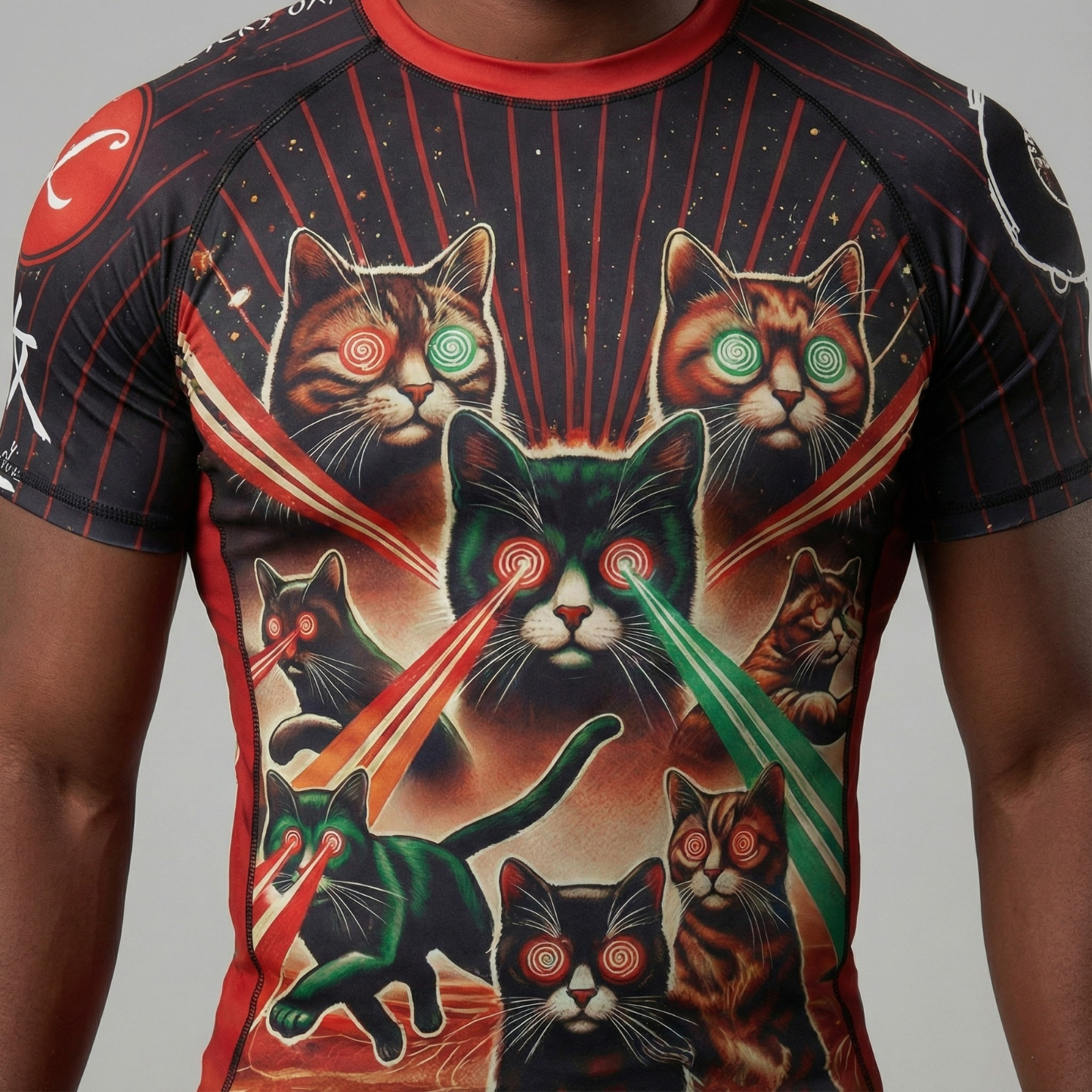 Rash guard with cat design featuring laser beams and colorful eyes on a gray background