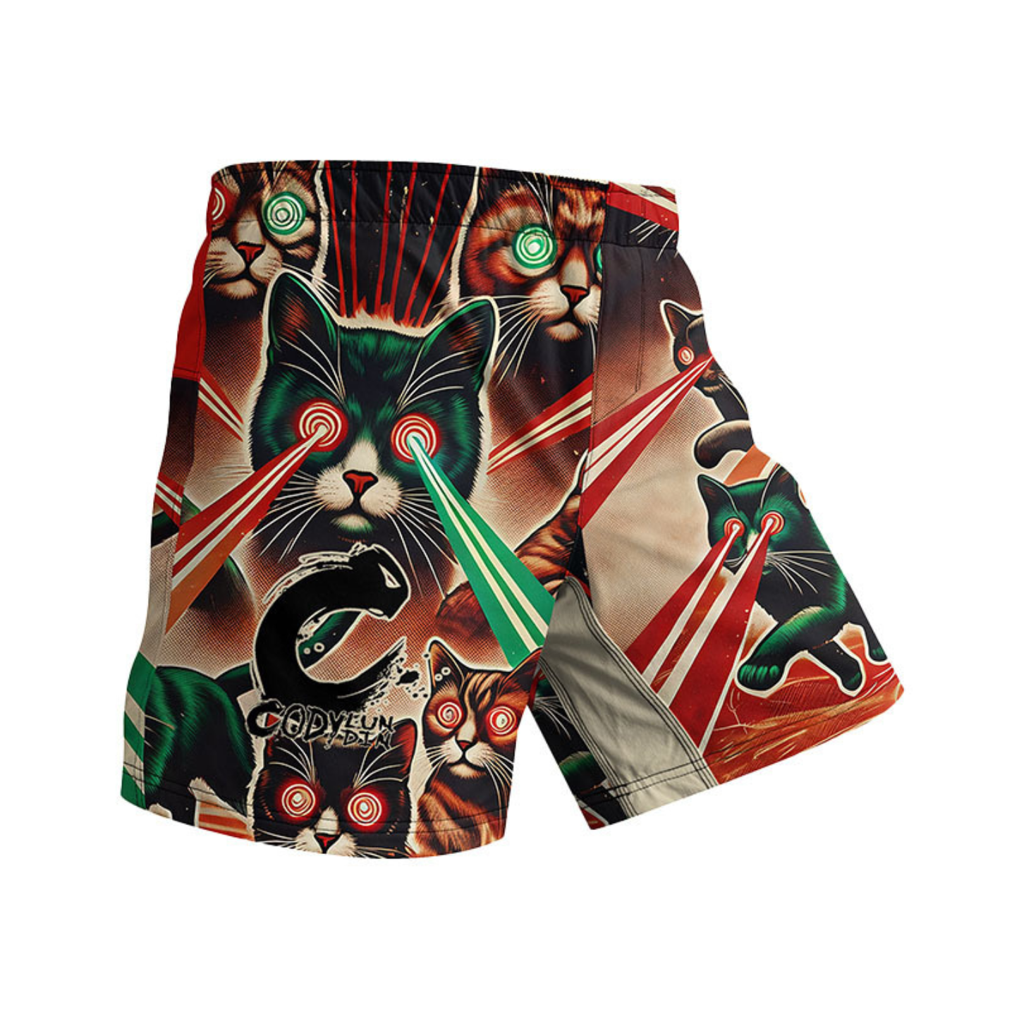 Colorful fight shorts with cat-themed design on a white background
