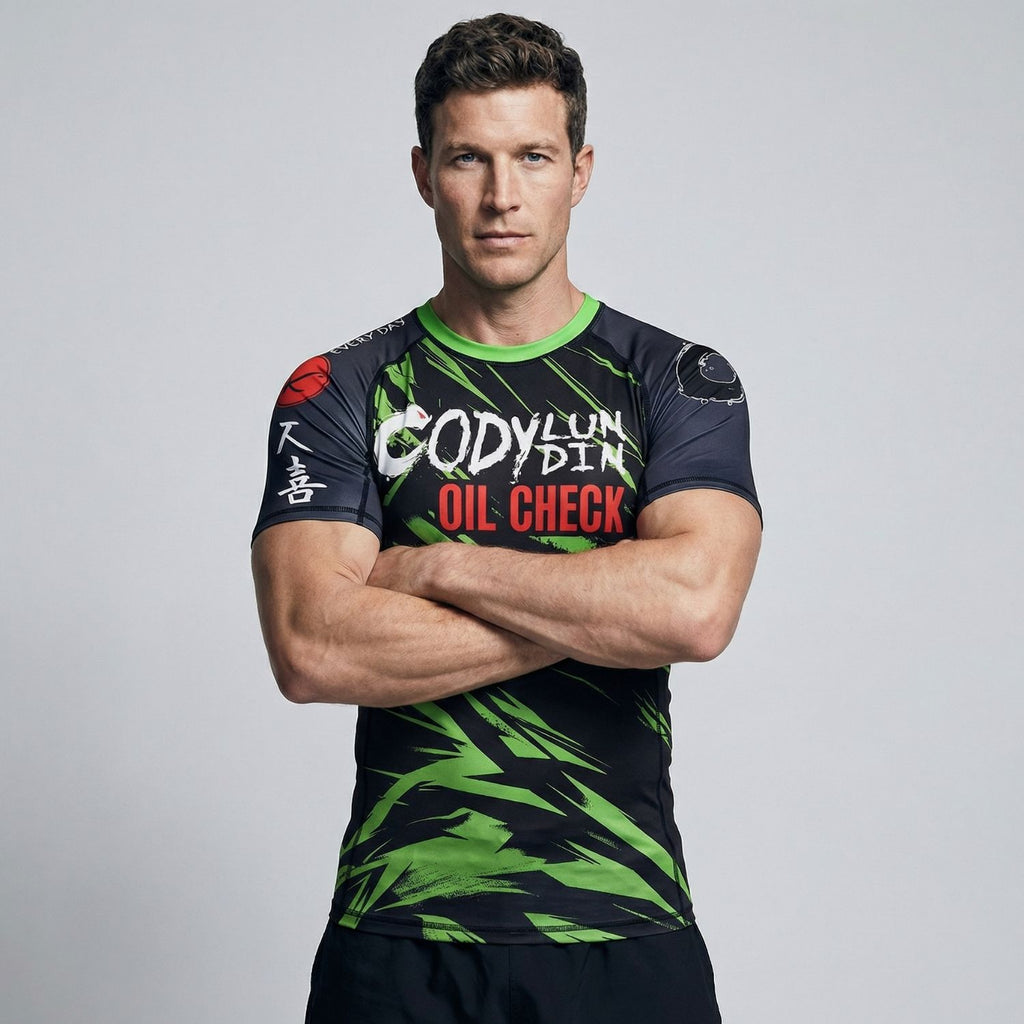 BJJ Rash Guard Short Sleeve - Oil Check - No - Gi Jiu Jitsu & MMA Compression Top - BJJ OUTLET