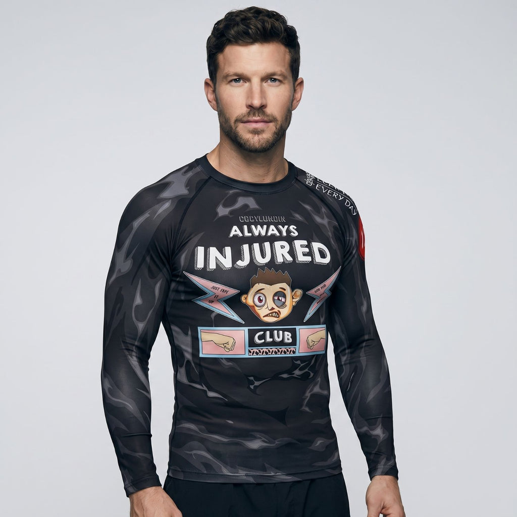 BJJ Rash Guard Long Sleeve - Always Injured Club - No - Gi Jiu Jitsu & MMA Compression Top - BJJ OUTLET