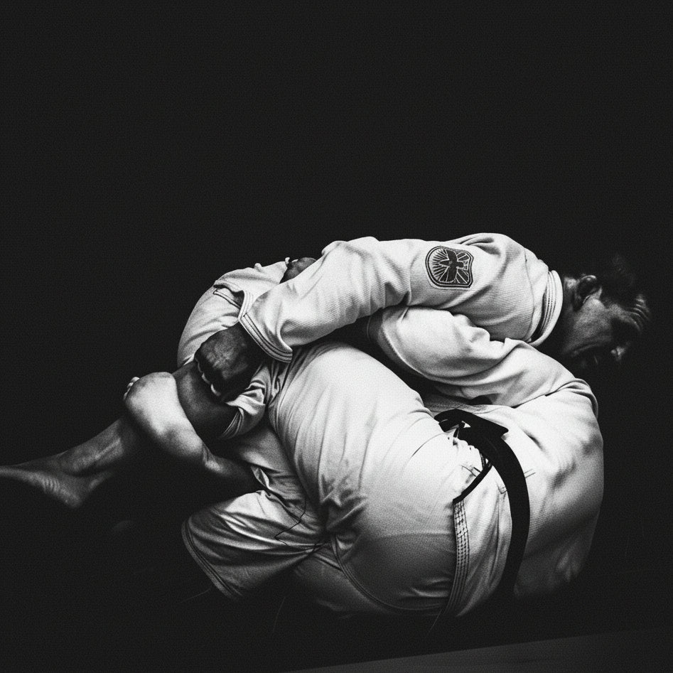 Two individuals in a BJJ match on a black background