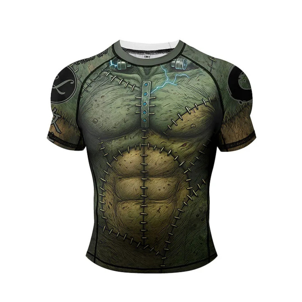 Green graphic BJJ rash guard with detailed design on a white background