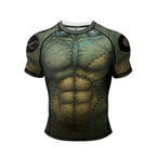 Green graphic BJJ rash guard with detailed design on a white background