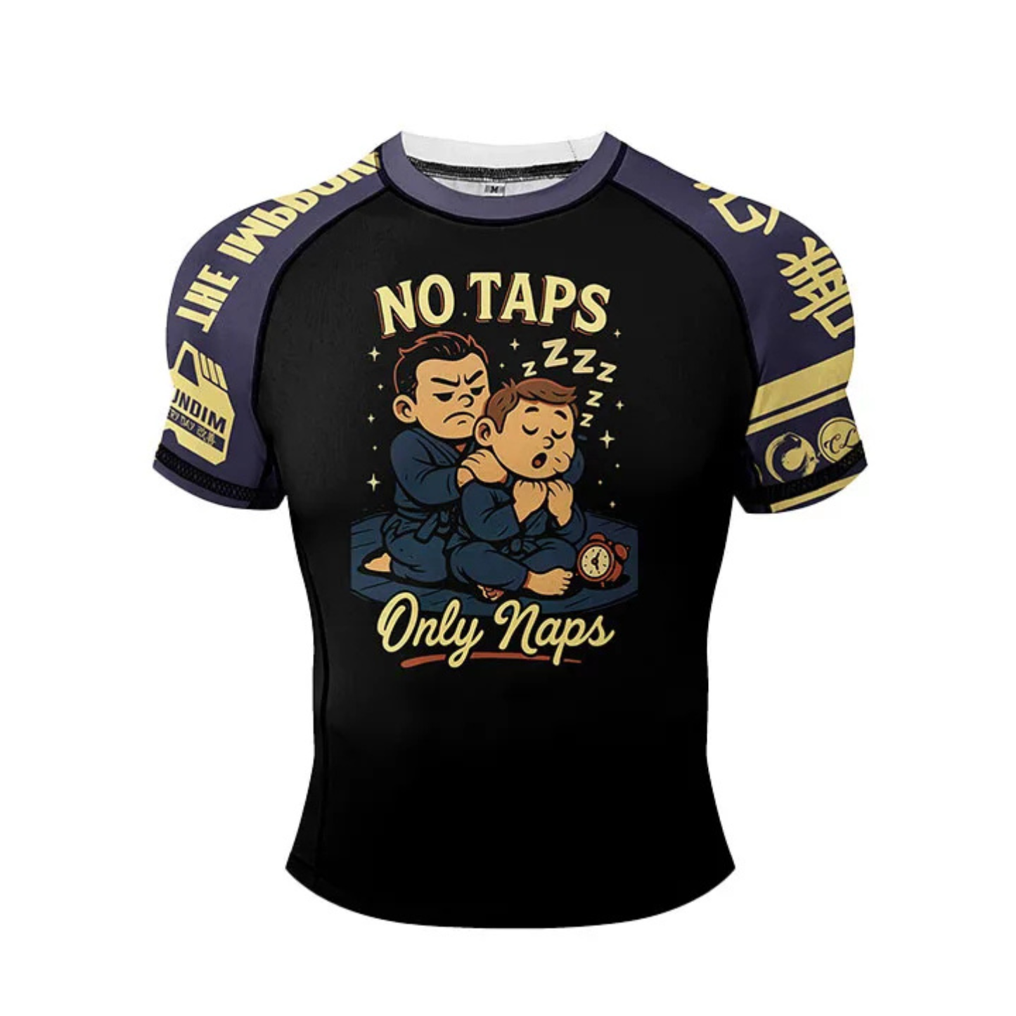 Black and purple  BJJ Rash Guard with cartoon design and text on a white background