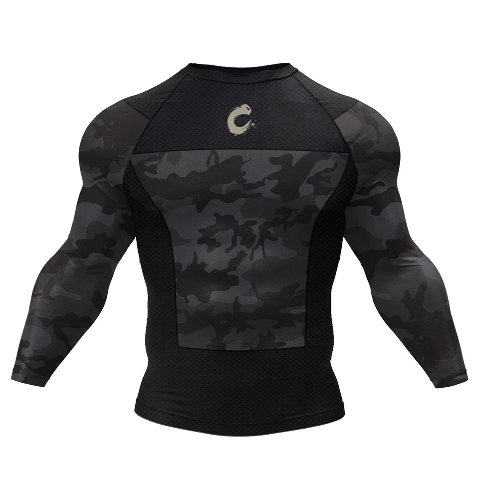 Black camouflage long-sleeve athletic shirt on a white background