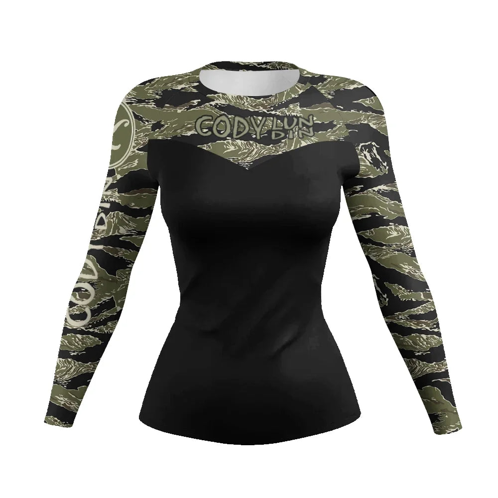 Camo women's BJJ rash guard | Long sleeve compression top for grappling