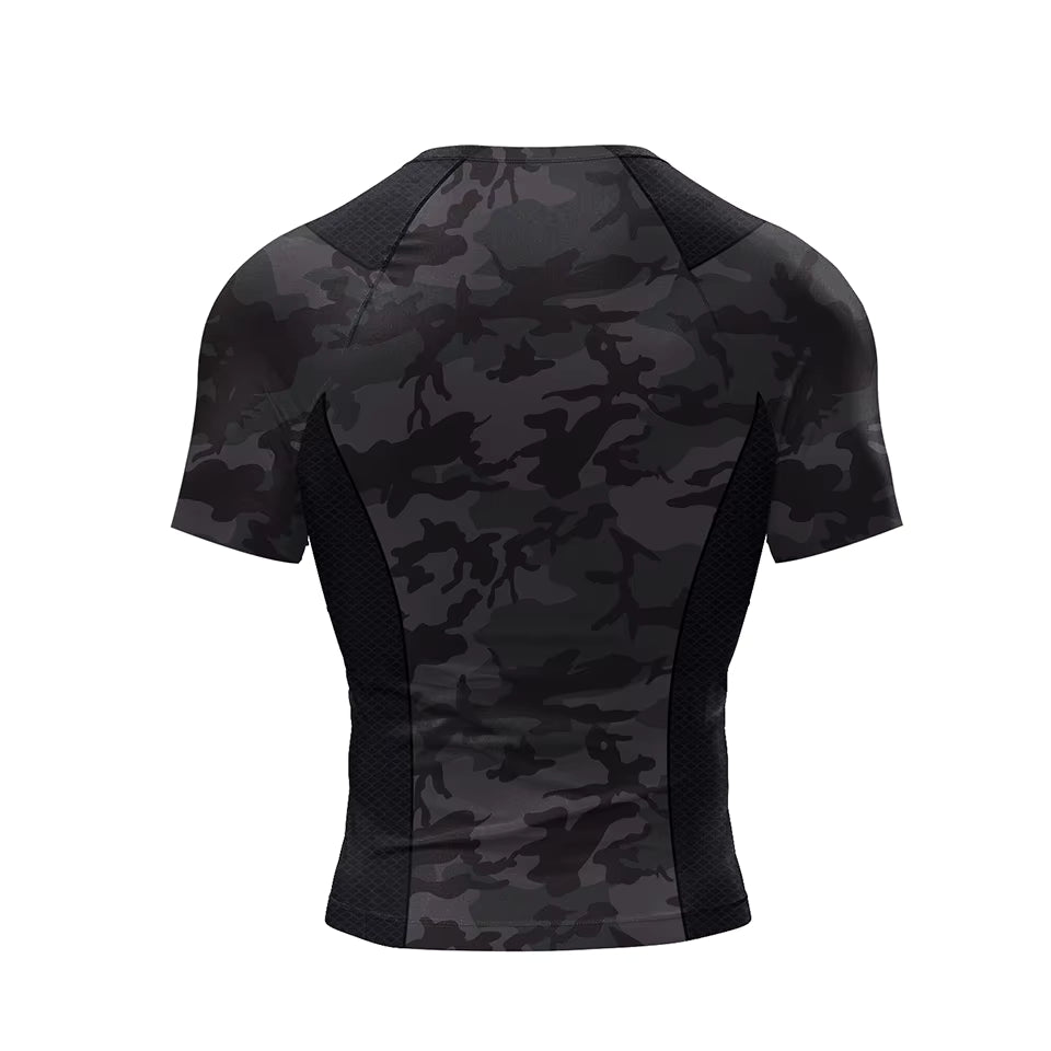 Black Camo BJJ Rash Guard | Short Sleeve Compression Top For No-Gi Grappling
