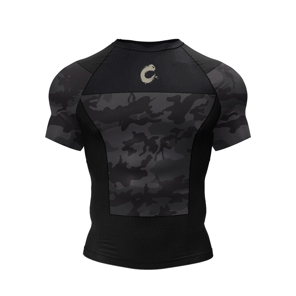 Black Camo BJJ Rash Guard | Short Sleeve Compression Top For No-Gi Grappling