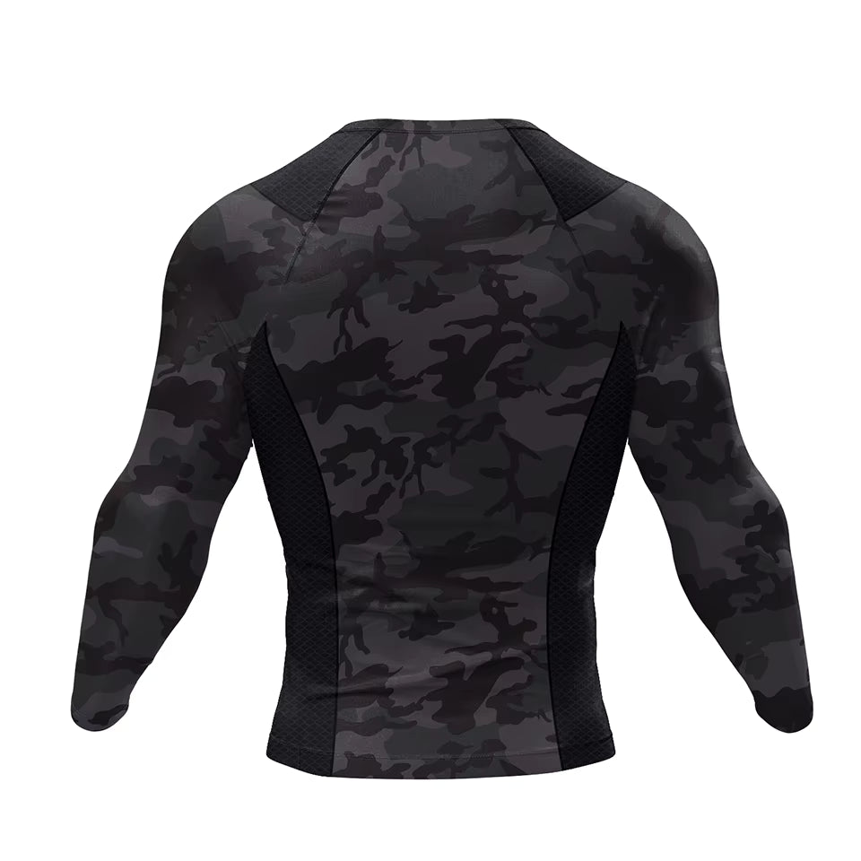 Black Camo BJJ Rash Guard | Long Sleeve Compression Top For No-Gi Grappling