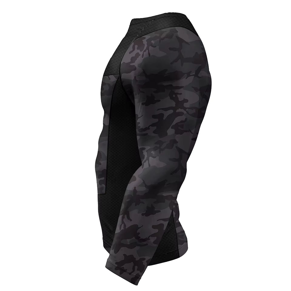 Black Camo BJJ Rash Guard | Long Sleeve Compression Top For No-Gi Grappling