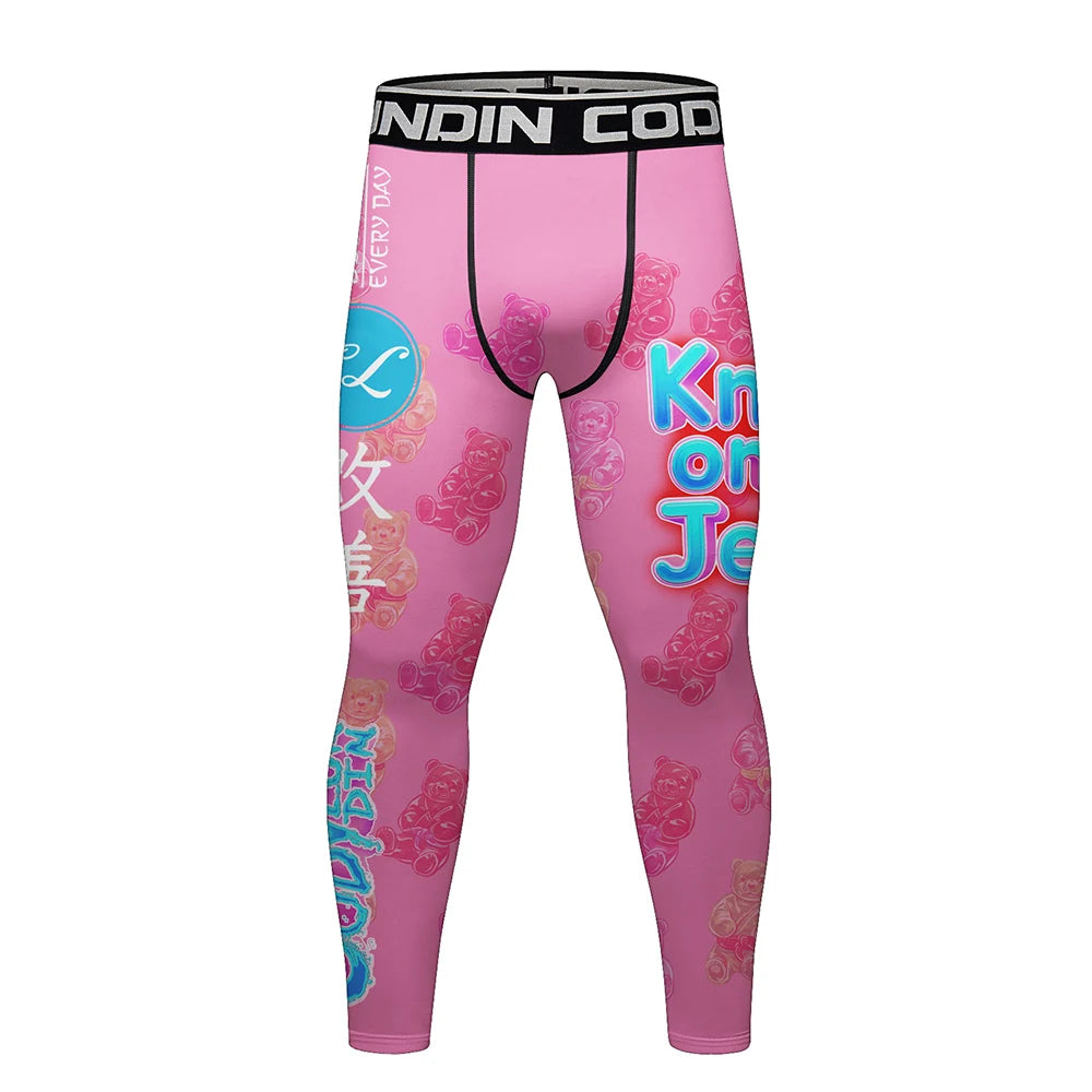 Pink leggings with colorful text and graphics on a white background