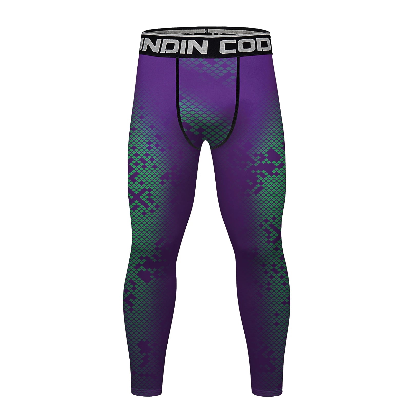 Purple and green patterned compression leggings with 'MUNDIN COD' waistband on a white background