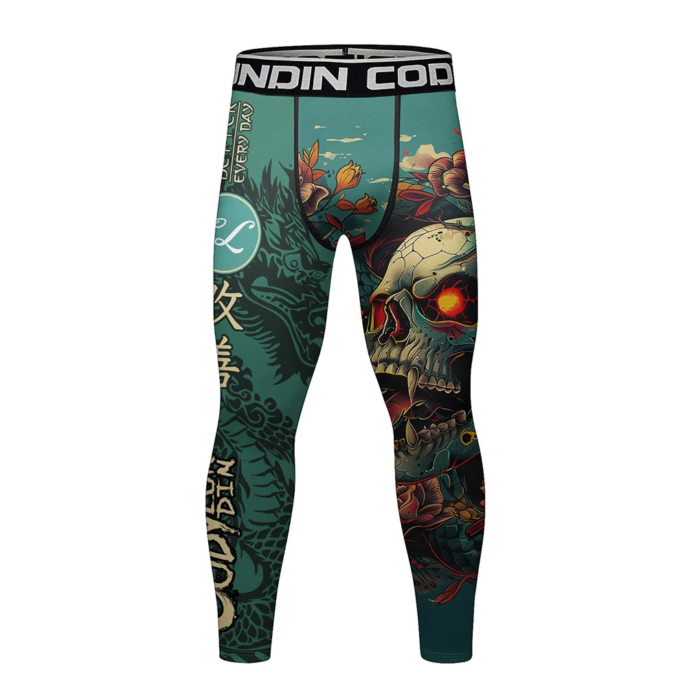 Compression leggings with a skull and floral design on a white background