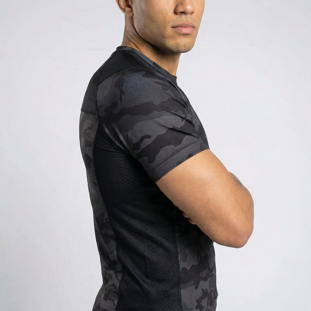 Black Camo BJJ Rash Guard | Short Sleeve Compression Top For No-Gi Grappling