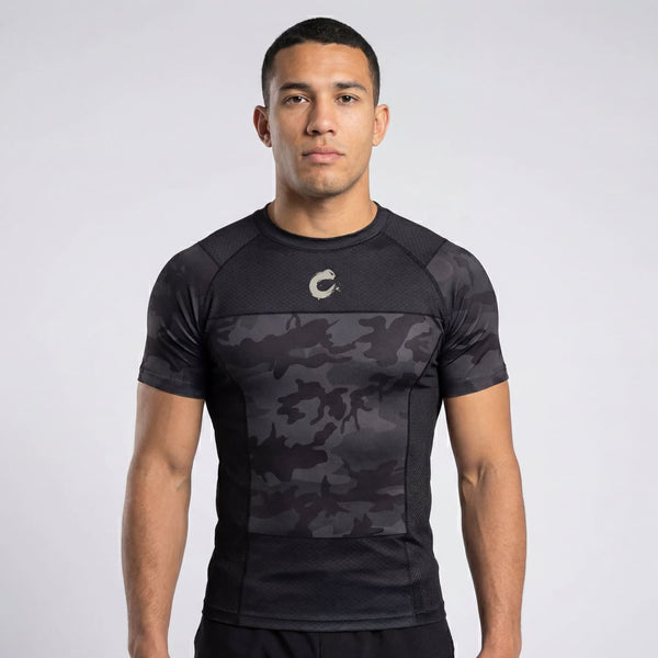 Black Camo BJJ Rash Guard | Short Sleeve Compression Top For No - Gi Grappling - BJJ OUTLET