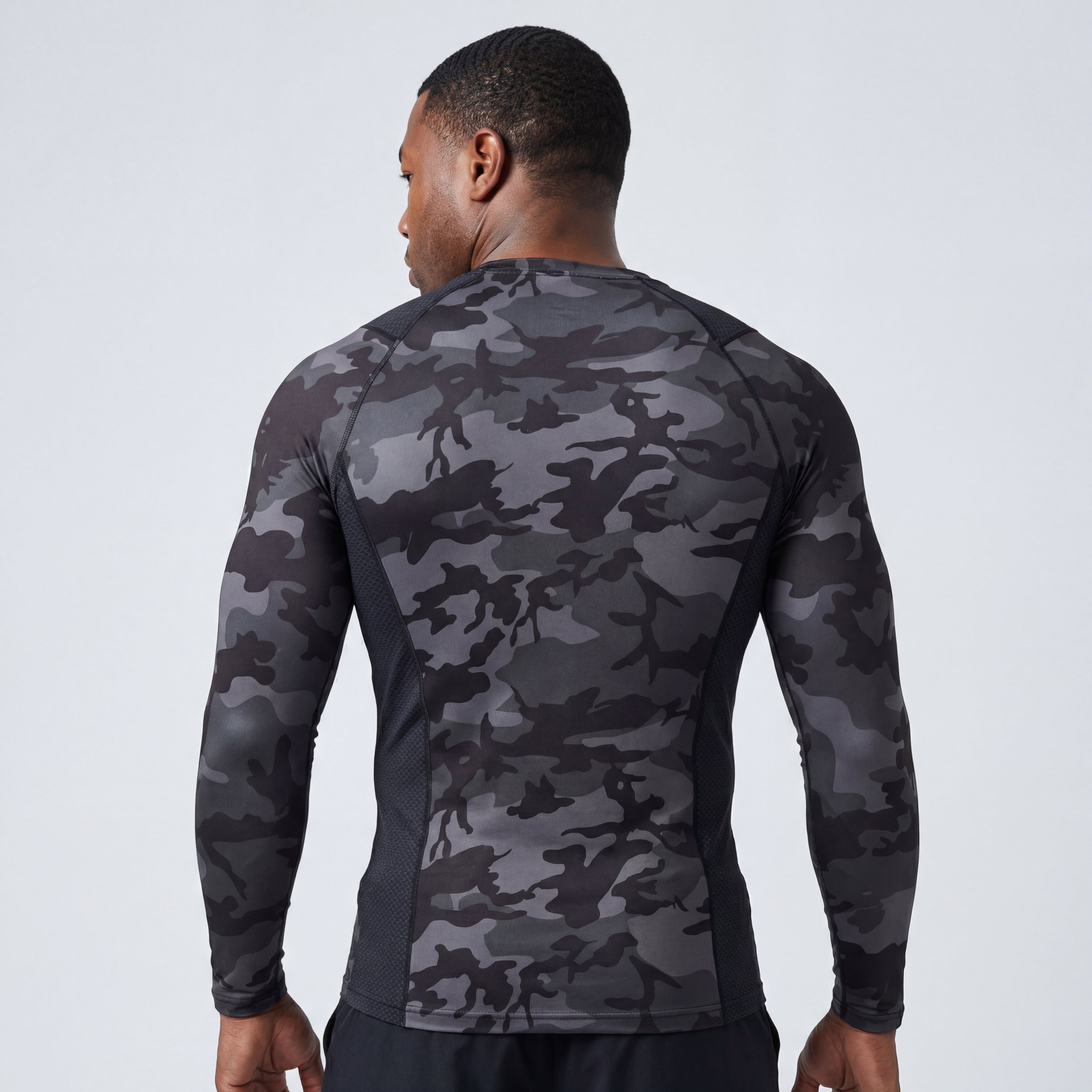 Black Camo BJJ Rash Guard | Long Sleeve Compression Top For No-Gi Grappling