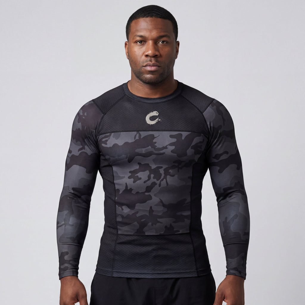 Black Camo BJJ Rash Guard | Long Sleeve Compression Top For No - Gi Grappling - BJJ OUTLET