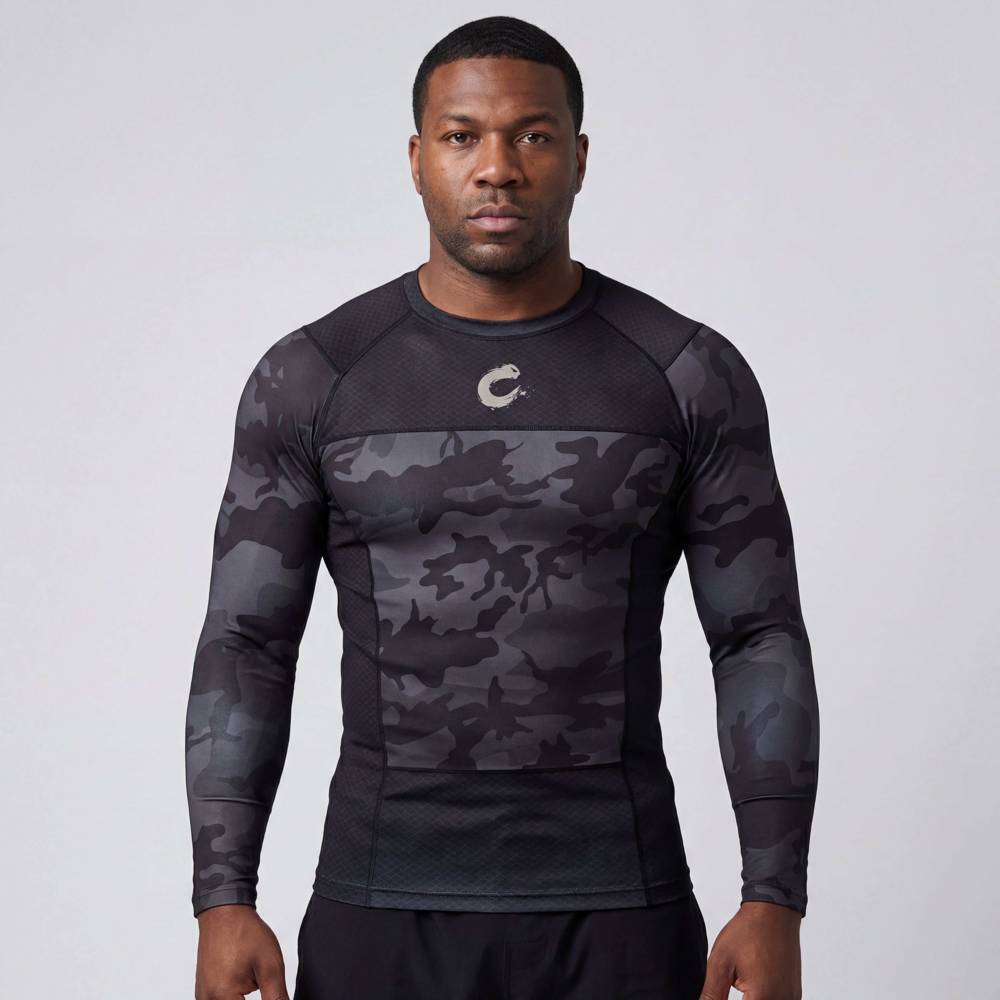 Black Camo BJJ Rash Guard | Long Sleeve Compression Top For No-Gi Grappling