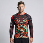 Man wearing a long-sleeve BJJ rash guard with cat design and laser beams on a gray background