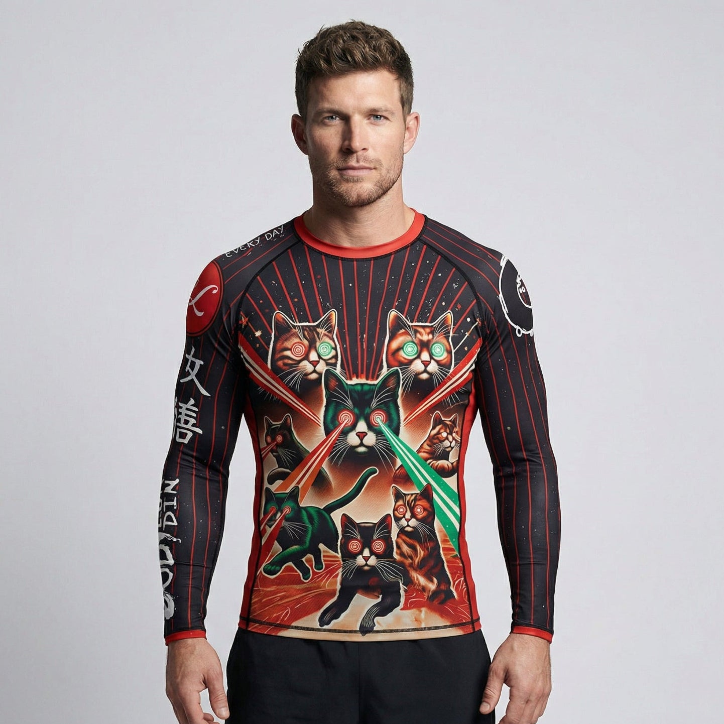 Man wearing a long-sleeve BJJ rash guard with cat design and laser beams on a gray background