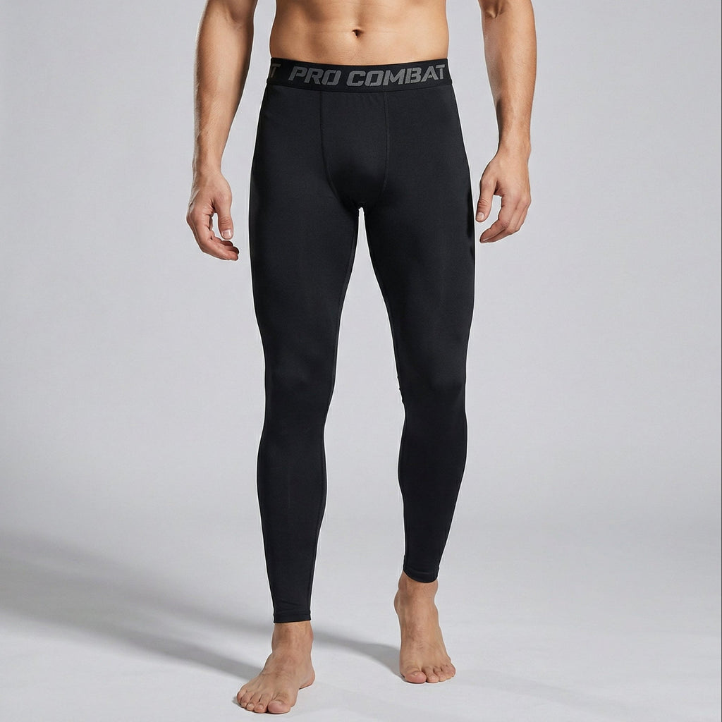 Person wearing black compression leggings with 'PRO COMBAT' branding on a gray background